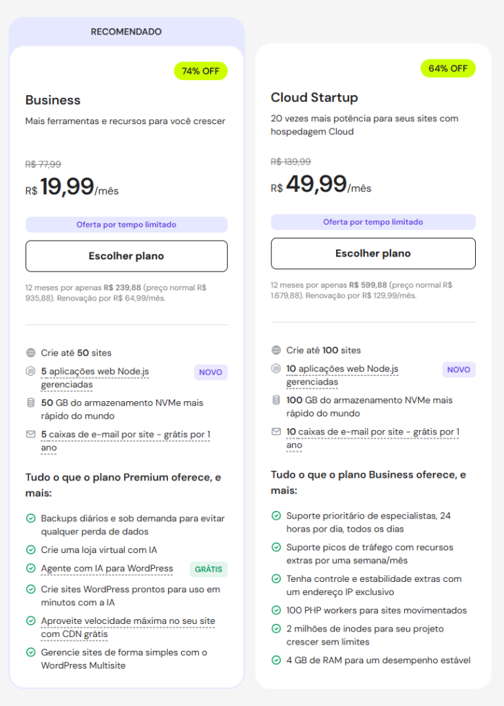 Planos Hostiner Business e Cloud Startup