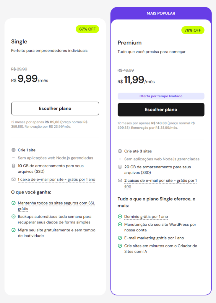 Planos Hostiner Single e Premium